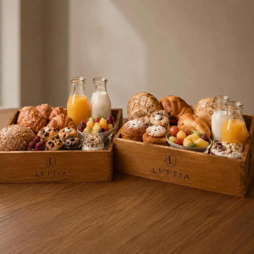Cajas de desayuno de madera con bollería, fruta, zumo y yogur