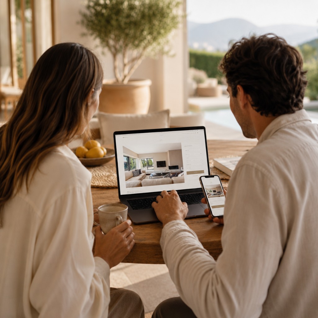 Couple booking directly on a sunlit terrace with laptop and phone