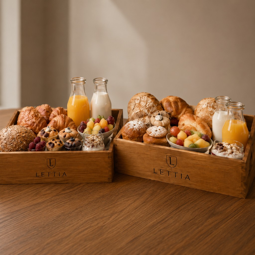 Wooden breakfast crates with pastries, fruit, juice and yoghurt