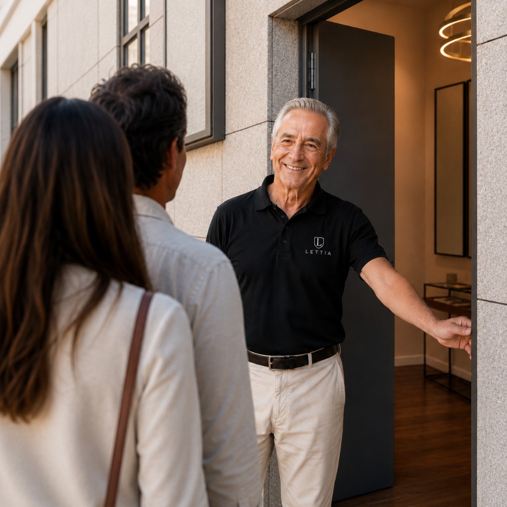 LETTIA host welcoming guests at the villa entrance